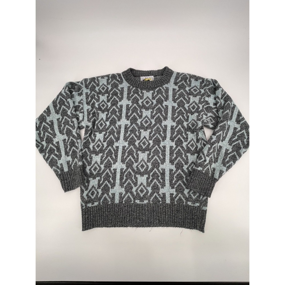 Vintage Le Tigre Sweater Mens Medium Gray Abstract Print Tight Knit Crew Neck